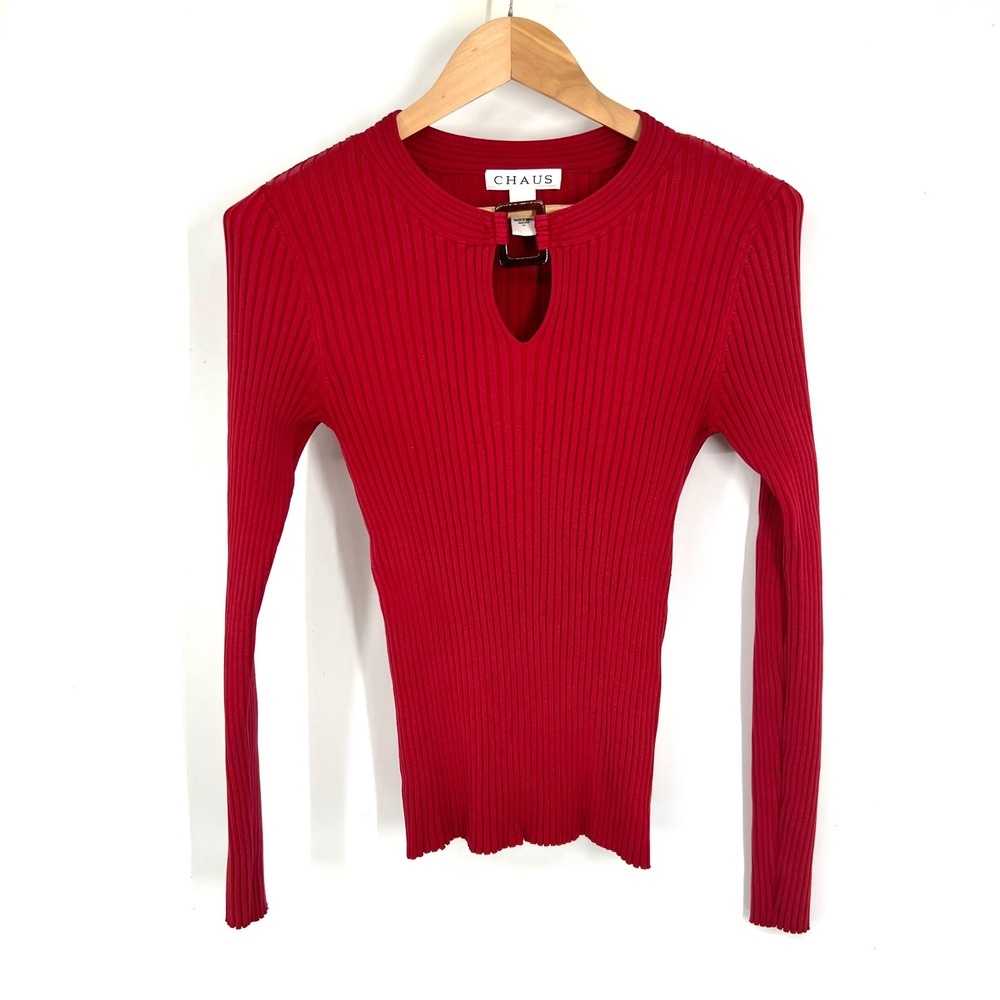 Vintage Y2K Chaus Red Silk Blend Ribbed Knit Fitted Keyhole Buckle Top L Stretch